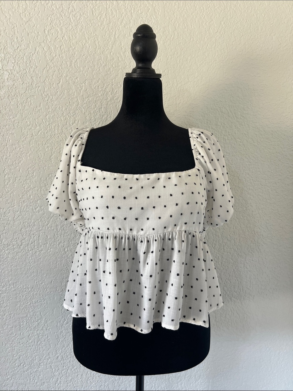 Square Neck White Peplum Blouse with Black Dot Print